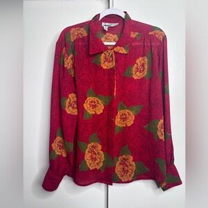 Vintage SK & Company Red Yellow Floral Blouse Retro Statement Top 14